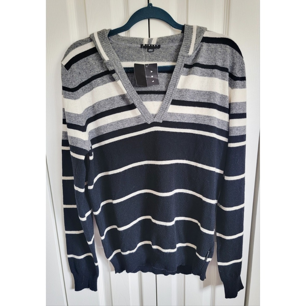 Sisley L Striped Hoodie Wool Blend Sweater Gray Striped‎ V-Neck Unisex NWT